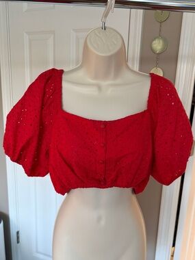 Forever 21 Red Eyelet Puff-Sleeve Crop Top